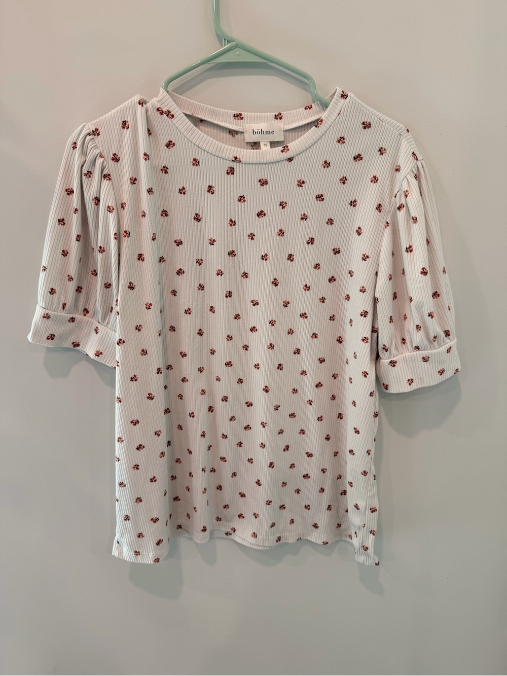 Bohme White Ribbed Tee with Red Floral Print and Puff Sleeves